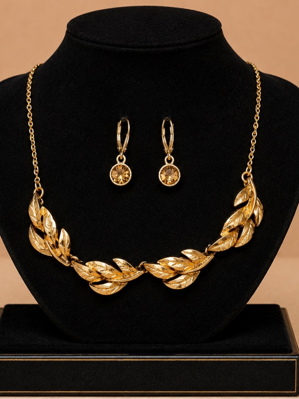 Monet Gold-Tone Leaf Necklace with Crystal Drop Earrings